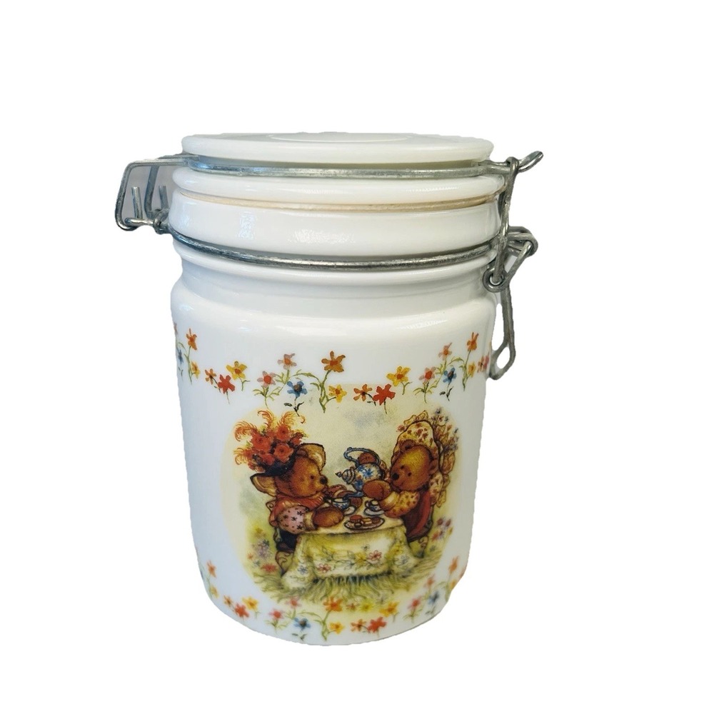 Hallmark Teddy Bear Tea Party Milk Glass Style Canister Clamp Lid Jar
